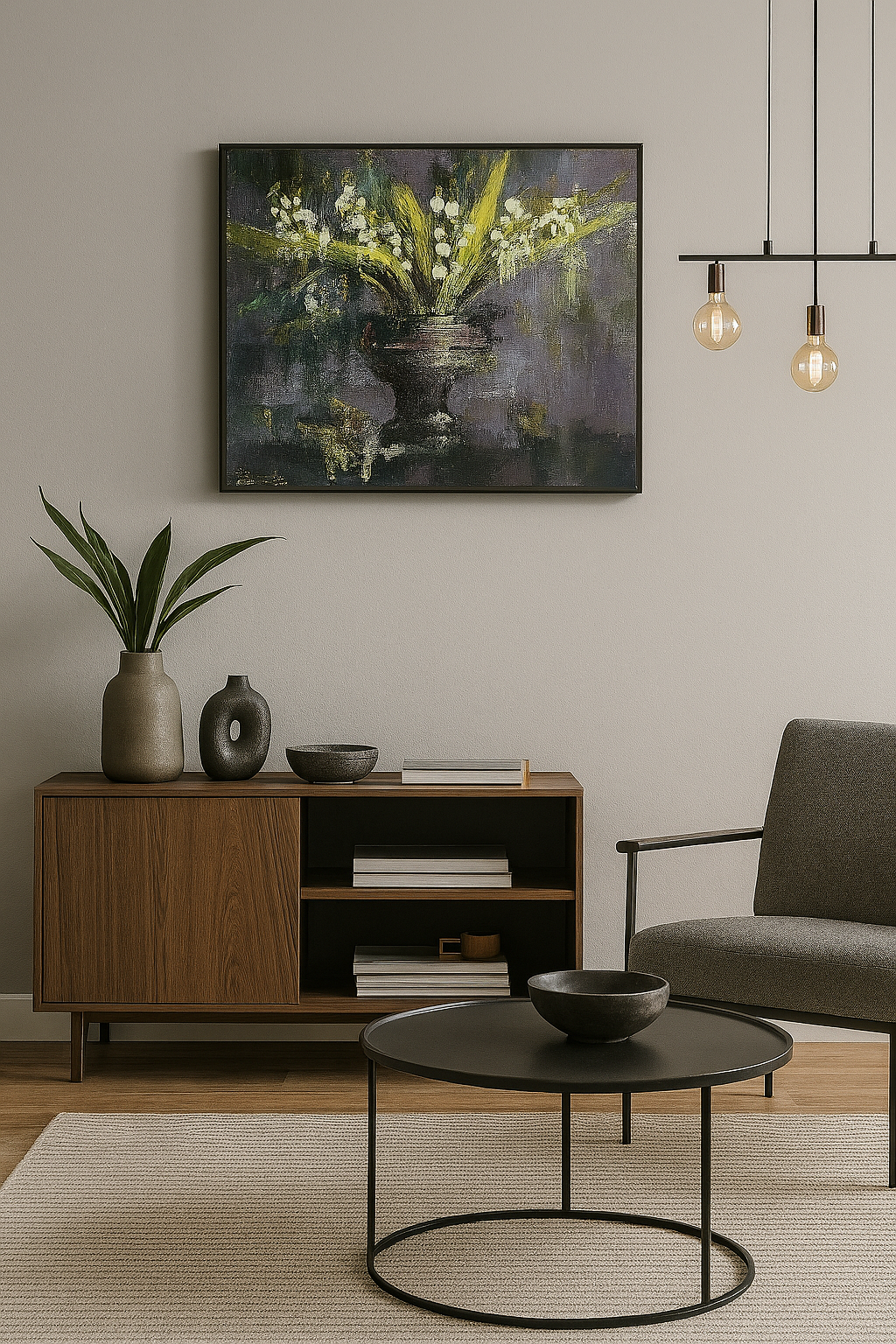 Ölgemälde von Vadim Lazarev, 50 × 60 cm. Eine dunkle Vase mit filigranen Maiglöckchen vor einem atmosphärisch gehaltenen, violett-grünen Hintergrund. Feine Details und weiche Farbverläufe verleihen dem Bild Tiefe und Ausdruck.