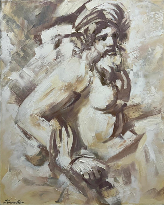 Ein ausdrucksstarkes Ölgemälde von Vadim Lazarev (King David), das einen bärtigen Mann mit Turban zeigt. Dynamische, erdige Pinselstriche verleihen der Figur Bewegung und Tiefe. Die warme, beige-braune Farbpalette unterstreicht die emotionale Intensität des Kunstwerks. Ein modernes, impressionistisches Meisterwerk auf Leinwand, perfekt für Sammler und Liebhaber einzigartiger Kunstwerke.