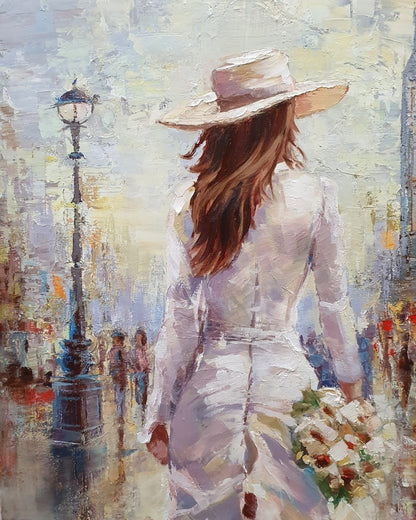 Ölgemälde von Vadim Lazarev, 140 × 80 cm. Eine Frau in einem weißen Kleid mit Blumenstrauß spaziert durch London, während Big Ben und das Stadtleben im Hintergrund verschwimmen. Warme und kühle Farbtöne verleihen dem Werk Tiefe und Atmosphäre.