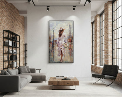 Ölgemälde von Vadim Lazarev, 140 × 80 cm. Eine Frau in einem weißen Kleid mit Blumenstrauß spaziert durch London, während Big Ben und das Stadtleben im Hintergrund verschwimmen. Warme und kühle Farbtöne verleihen dem Werk Tiefe und Atmosphäre. (Detail)