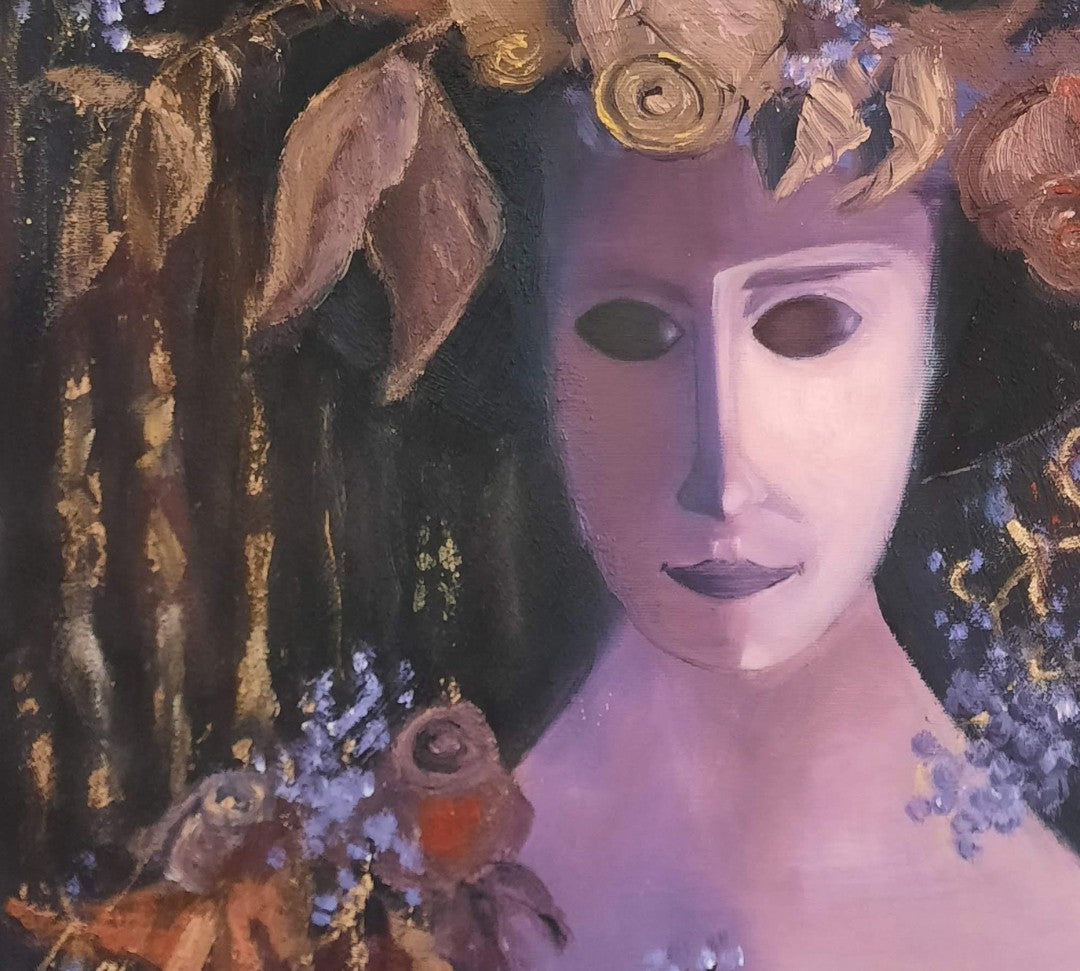 Gemälde "Lady Night" von Vera Stein: Eine Frauengestalt mit hellem, maskenhaftem Gesicht. Ihr Kopfschmuck besteht aus gold-braunen Rosen, einem Vogel in einem Käfig und einem schwebenden weißen Schmetterling. Der Hintergrund ist dunkel, akzentuiert mit Gold. Eine mystische, verträumte Atmosphäre.