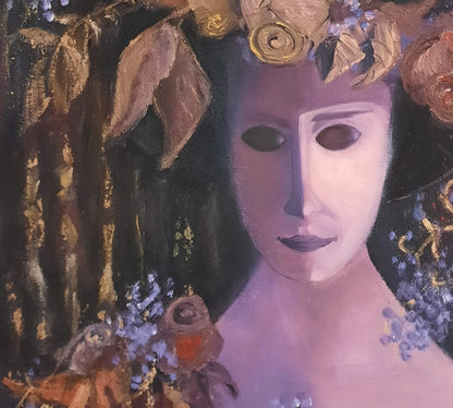 Gemälde "Lady Night" von Vera Stein: Eine Frauengestalt mit hellem, maskenhaftem Gesicht. Ihr Kopfschmuck besteht aus gold-braunen Rosen, einem Vogel in einem Käfig und einem schwebenden weißen Schmetterling. Der Hintergrund ist dunkel, akzentuiert mit Gold. Eine mystische, verträumte Atmosphäre.