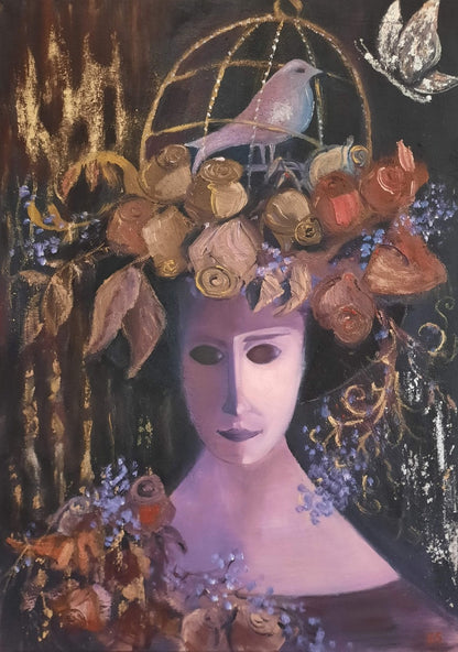 Gemälde "Lady Night" von Vera Stein: Eine Frauengestalt mit hellem, maskenhaftem Gesicht. Ihr Kopfschmuck besteht aus gold-braunen Rosen, einem Vogel in einem Käfig und einem schwebenden weißen Schmetterling. Der Hintergrund ist dunkel, akzentuiert mit Gold. Eine mystische, verträumte Atmosphäre.