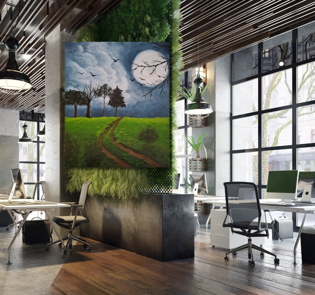 Gemälde "Vollmond" von Lisa Tahar. Öl auf Leinwand, 60x50 cm. Zeigt eine Vollmondnacht mit Bäumen und fliegenden Vögeln vor einem dunklen Himmel.