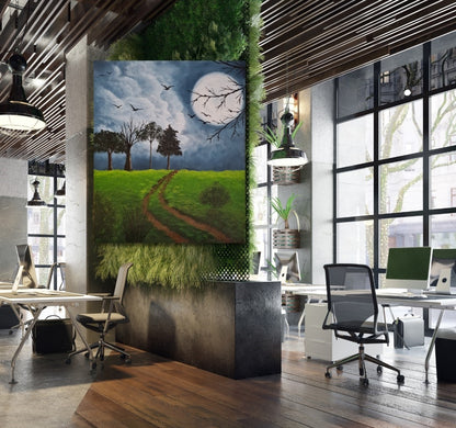 Gemälde "Vollmond" von Lisa Tahar. Öl auf Leinwand, 60x50 cm. Zeigt eine Vollmondnacht mit Bäumen und fliegenden Vögeln vor einem dunklen Himmel.