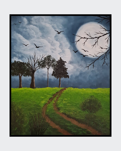 Gemälde "Vollmond" von Lisa Tahar. Öl auf Leinwand, 60x50 cm. Zeigt eine Vollmondnacht mit Bäumen und fliegenden Vögeln vor einem dunklen Himmel.
