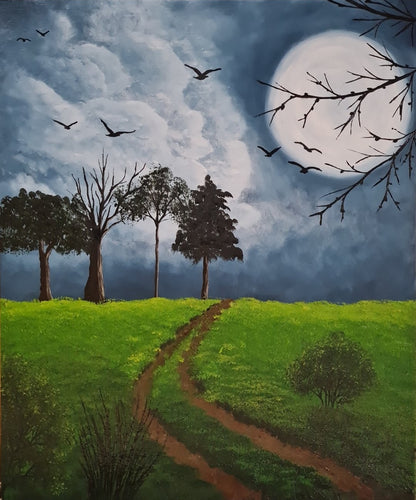 Gemälde "Vollmond" von Lisa Tahar. Öl auf Leinwand, 60x50 cm. Zeigt eine Vollmondnacht mit Bäumen und fliegenden Vögeln vor einem dunklen Himmel.