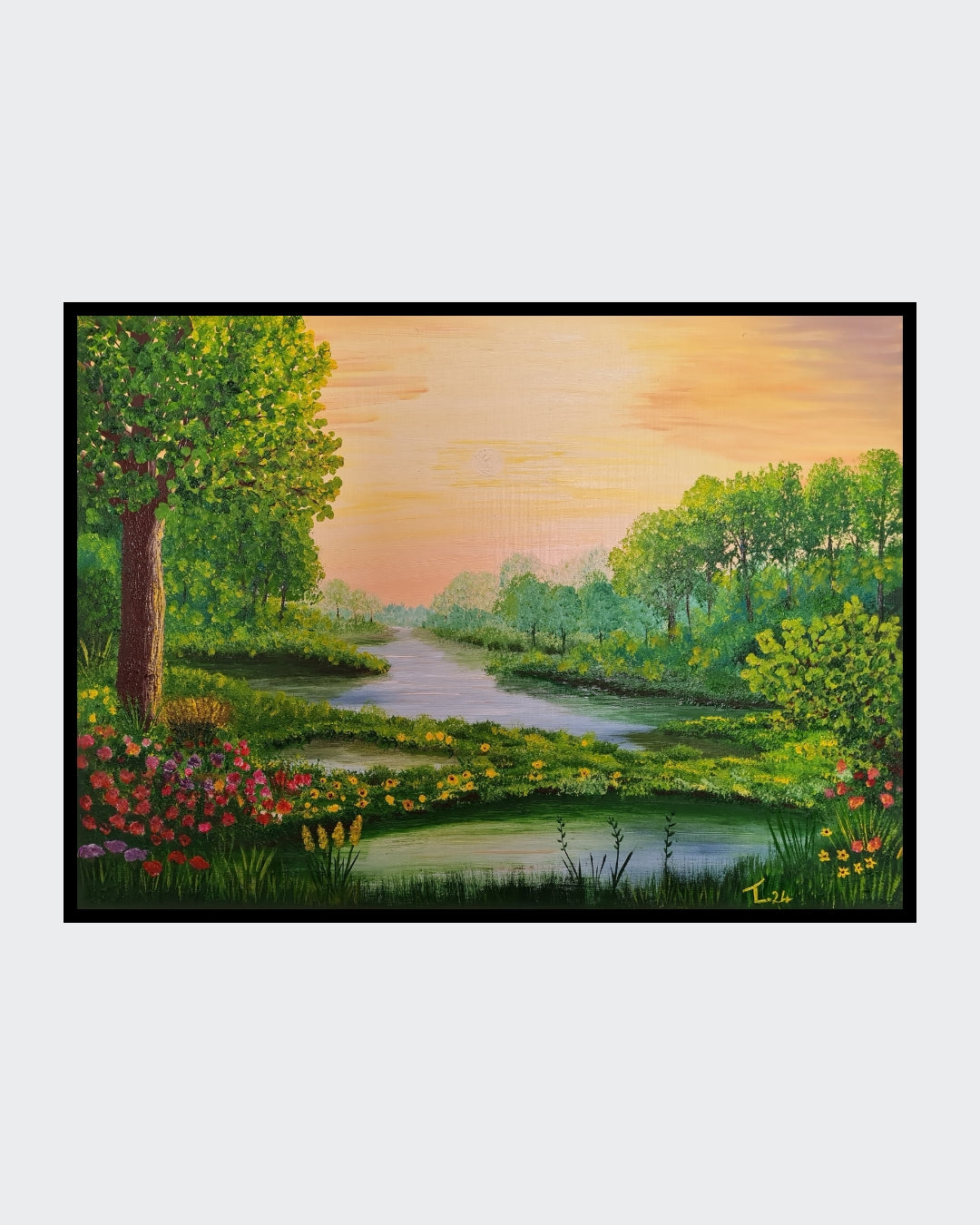 Gemälde "Wasserlandschaft" von Lisa Tahar. Öl auf Leinwand, 50x70 cm. Zeigt eine Flusslandschaft mit Bäumen, Blumen und sanften Farbtönen.