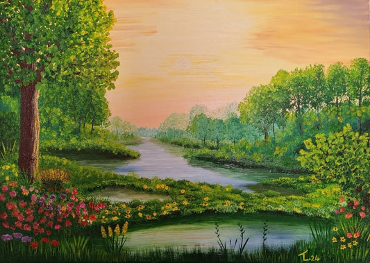 Gemälde "Wasserlandschaft" von Lisa Tahar. Öl auf Leinwand, 50x70 cm. Zeigt eine Flusslandschaft mit Bäumen, Blumen und sanften Farbtönen.