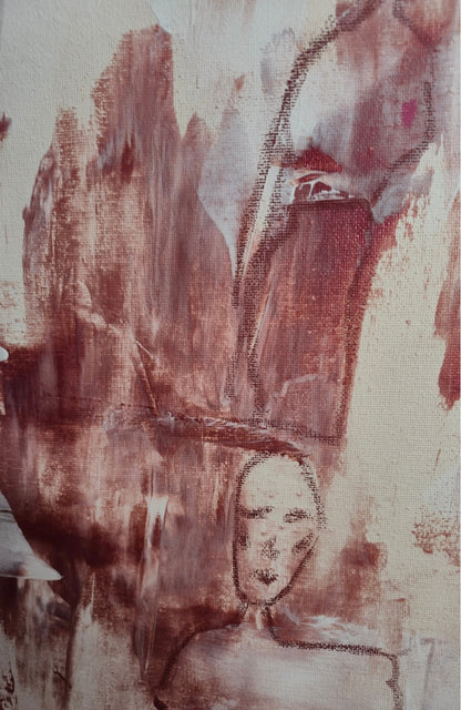 Abstrakt-figurative Komposition „All the While“ von Yasmin Thiele-Erciyas. Auf hellem Grund verbinden sich dynamische Acrylstrukturen in Erdtönen und Weiß mit zarten Ölkreide-Skizzen mehrerer Frauenfiguren, die zwischen Abstraktion und Sichtbarkeit changieren.