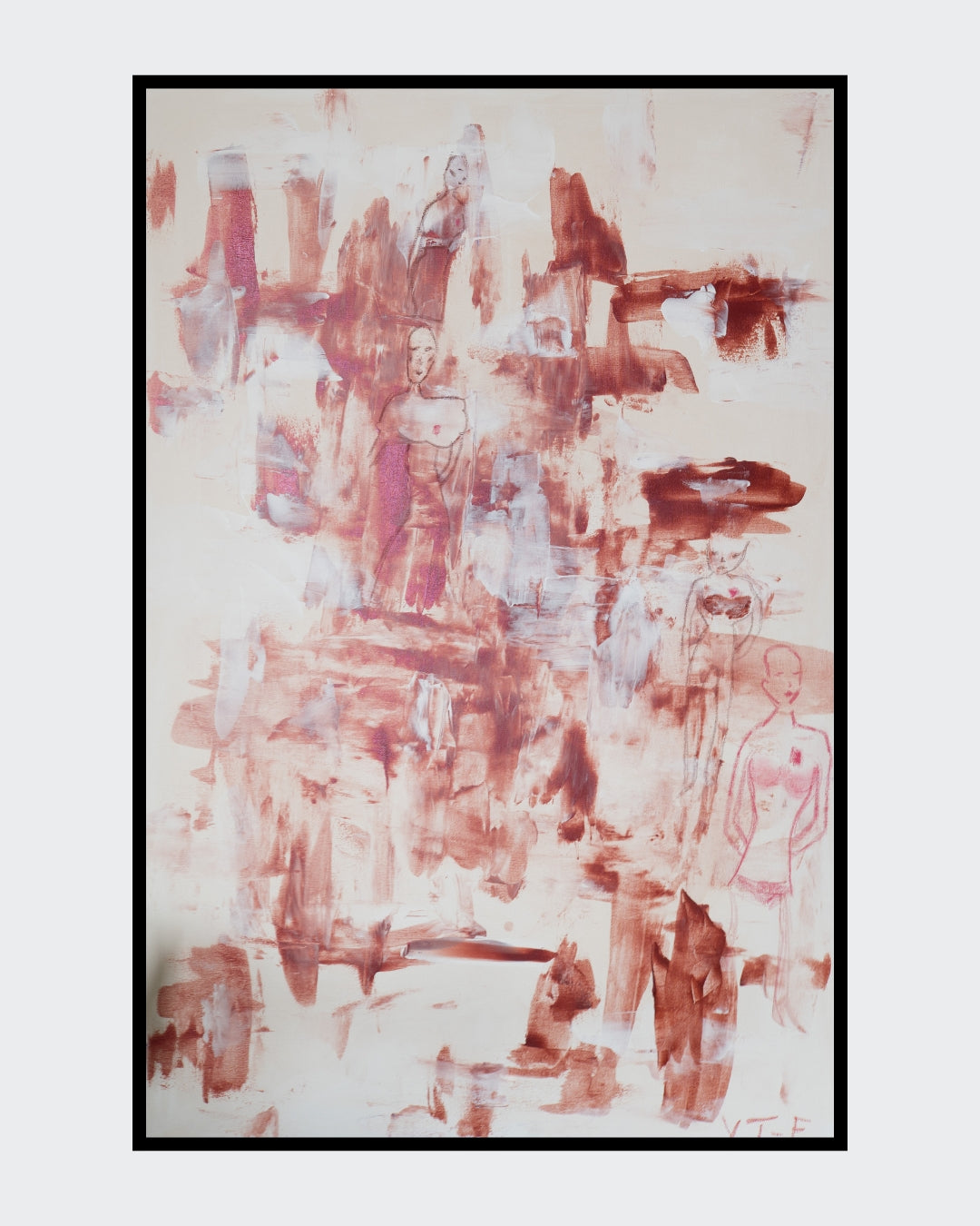 Abstrakt-figurative Komposition „All the While“ von Yasmin Thiele-Erciyas. Auf hellem Grund verbinden sich dynamische Acrylstrukturen in Erdtönen und Weiß mit zarten Ölkreide-Skizzen mehrerer Frauenfiguren, die zwischen Abstraktion und Sichtbarkeit changieren.