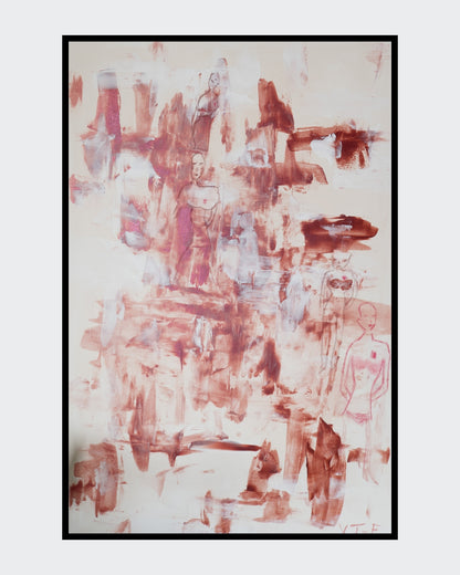 Abstrakt-figurative Komposition „All the While“ von Yasmin Thiele-Erciyas. Auf hellem Grund verbinden sich dynamische Acrylstrukturen in Erdtönen und Weiß mit zarten Ölkreide-Skizzen mehrerer Frauenfiguren, die zwischen Abstraktion und Sichtbarkeit changieren.