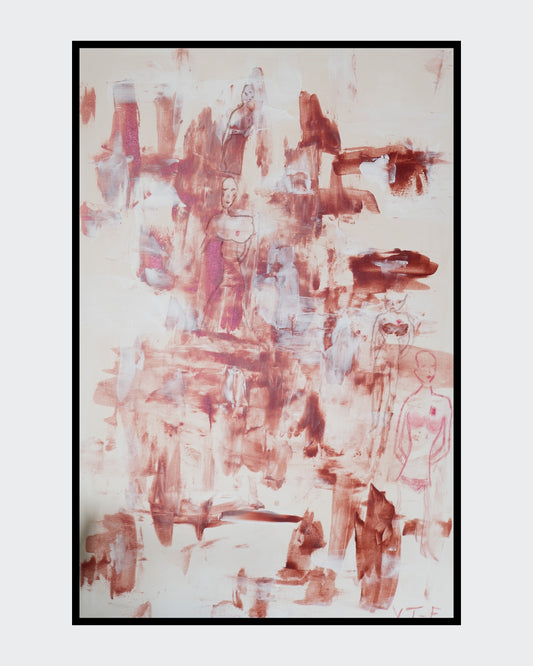 Abstrakt-figurative Komposition „All the While“ von Yasmin Thiele-Erciyas. Auf hellem Grund verbinden sich dynamische Acrylstrukturen in Erdtönen und Weiß mit zarten Ölkreide-Skizzen mehrerer Frauenfiguren, die zwischen Abstraktion und Sichtbarkeit changieren.