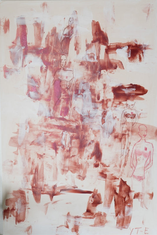 Abstrakt-figurative Komposition „All the While“ von Yasmin Thiele-Erciyas. Auf hellem Grund verbinden sich dynamische Acrylstrukturen in Erdtönen und Weiß mit zarten Ölkreide-Skizzen mehrerer Frauenfiguren, die zwischen Abstraktion und Sichtbarkeit changieren.