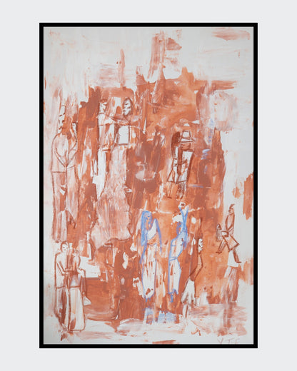 Abstrakt-figuratives Gemälde „Nocturne of Surrender“ von Yasmin Thiele-Erciyas. Expressive Pinselstriche in warmem Terrakotta und Weiß auf Leinwand werden durch skizzenhafte Figuren in Ölkreide und markante blaue Farbakzente ergänzt.