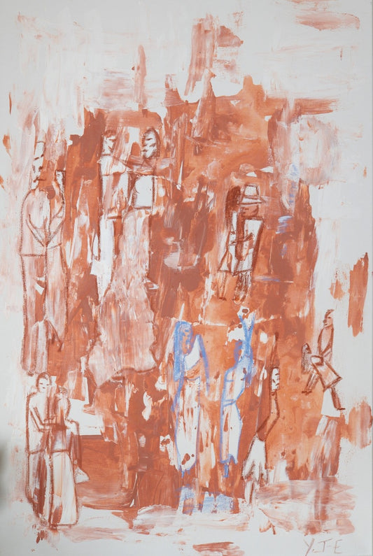 Abstrakt-figuratives Gemälde „Nocturne of Surrender“ von Yasmin Thiele-Erciyas. Expressive Pinselstriche in warmem Terrakotta und Weiß auf Leinwand werden durch skizzenhafte Figuren in Ölkreide und markante blaue Farbakzente ergänzt.