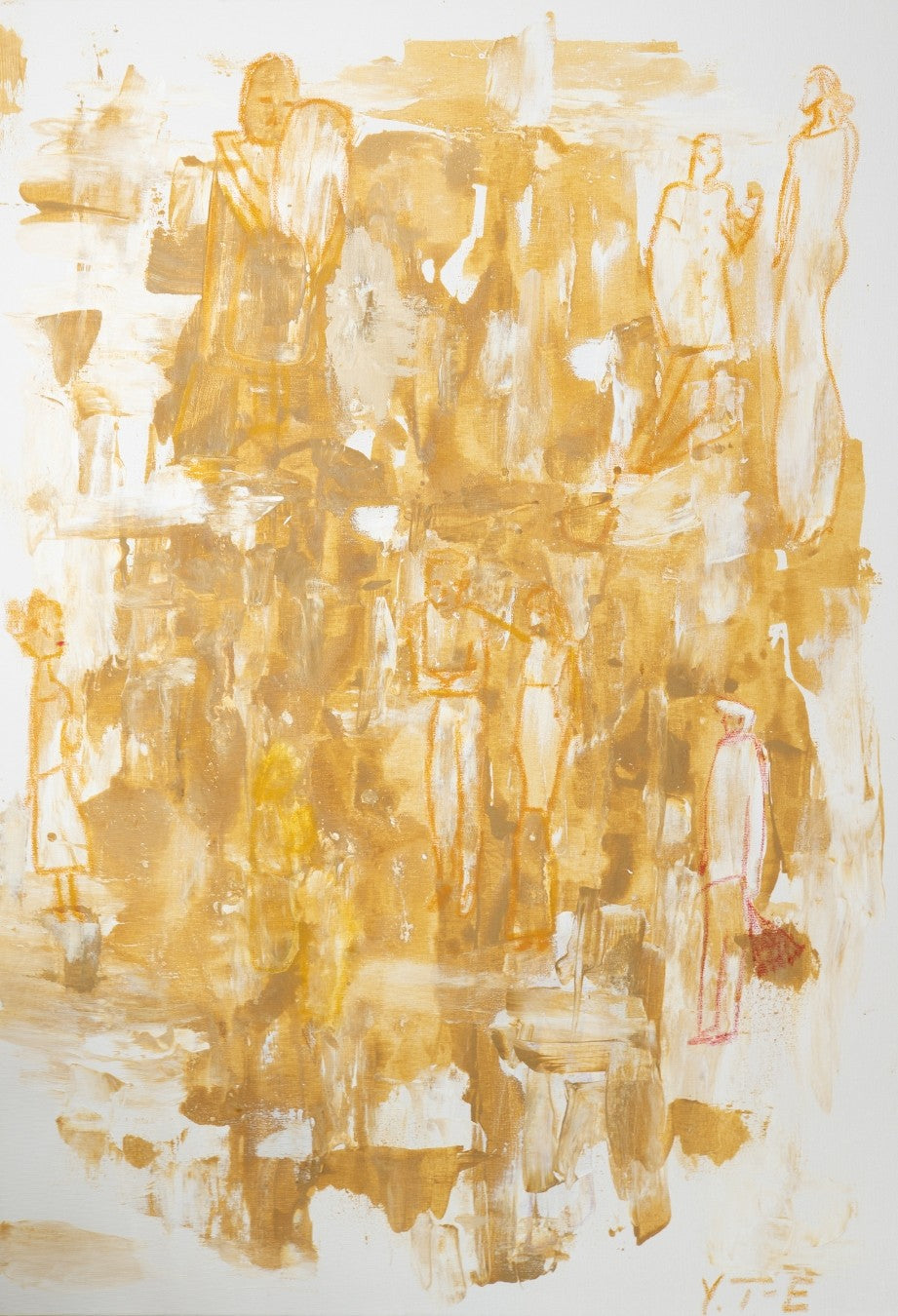 Abstrakt-figurative Malerei „States of Devotion“ von Yasmin Thiele-Erciyas. Sanfte, großflächige Pinselstriche in warmen Ocker-, Gold- und Sandtönen auf weißem Grund bilden eine atmosphärische Kulisse für skizzenhafte, fragile Figuren in Ölkreide, die in verschiedenen Interaktionen zueinander stehen.