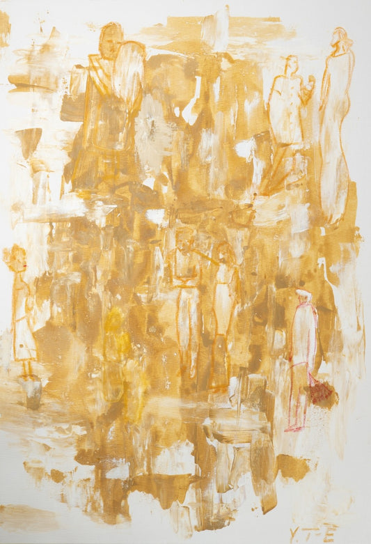 Abstrakt-figurative Malerei „States of Devotion“ von Yasmin Thiele-Erciyas. Sanfte, großflächige Pinselstriche in warmen Ocker-, Gold- und Sandtönen auf weißem Grund bilden eine atmosphärische Kulisse für skizzenhafte, fragile Figuren in Ölkreide, die in verschiedenen Interaktionen zueinander stehen.