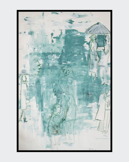 Ansicht des Gemäldes „The Persistence of Presence“ von Yasmin Thiele-Erciyas. Zu sehen sind übereinanderliegende Schichten von Acrylfarbe in kühlem Blau-Grau und Türkis, durch die skizzenhafte, fragile Gesichter und Figuren in dunkler Ölkreide hindurchscheinen. Die Leinwandstruktur bleibt unter dem lasierenden Farbauftrag sichtbar.