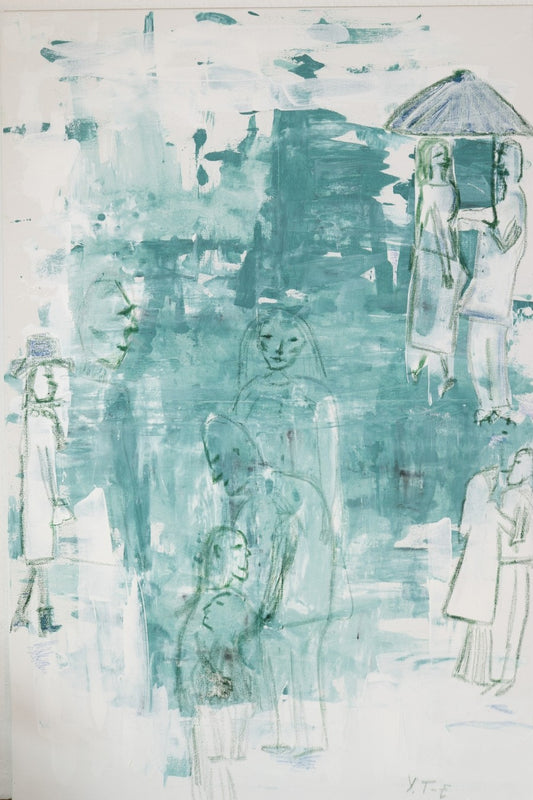 Ansicht des Gemäldes „The Persistence of Presence“ von Yasmin Thiele-Erciyas. Zu sehen sind übereinanderliegende Schichten von Acrylfarbe in kühlem Blau-Grau und Türkis, durch die skizzenhafte, fragile Gesichter und Figuren in dunkler Ölkreide hindurchscheinen. Die Leinwandstruktur bleibt unter dem lasierenden Farbauftrag sichtbar.