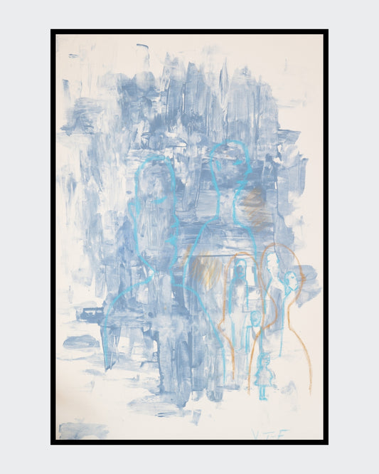 Abstrakt-figurative Malerei „Where Shadows Rest“ von Yasmin Thiele-Erciyas. Vertikale Pinselstriche in hellen Blau- und Grautönen bilden den Hintergrund für mehrere mit Ölkreide skizzierte Silhouetten. Zwei große, hellblaue Konturen dominieren die linke Seite, während rechts kleinere Figuren in warmen Ocker-Konturen eingebettet sind.